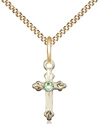 [2531GF-STN8/18G] 14kt Gold Filled Cross Pendant with a 3mm Peridot Swarovski stone on a 18 inch Gold Plate Light Curb chain