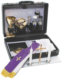 [K-413] Mass Kit.  12-1/2? x 9-1/2? x 4? case, 5-1/4?H. chalice  (3 oz. cap.), 3-7/8? dia. paten, 3-1/8? dia. host box (40 host cap.), 5? sprinkler, 1? dia. oil stock, 1 oz. cruets, 4?H. crucifix, 58? x 2? stole, two candles, altar, hand &amp; finger cloths.