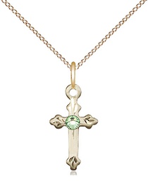 [2531GF-STN8/18GF] 14kt Gold Filled Cross Pendant with a 3mm Peridot Swarovski stone on a 18 inch Gold Filled Light Curb chain