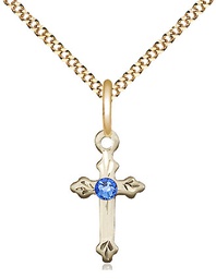 [2531GF-STN9/18G] 14kt Gold Filled Cross Pendant with a 3mm Sapphire Swarovski stone on a 18 inch Gold Plate Light Curb chain