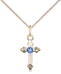 [2531GF-STN9/18GF] 14kt Gold Filled Cross Pendant with a 3mm Sapphire Swarovski stone on a 18 inch Gold Filled Light Curb chain