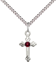 [2531SS-STN1/18S] Sterling Silver Cross Pendant with a 3mm Garnet Swarovski stone on a 18 inch Light Rhodium Light Curb chain