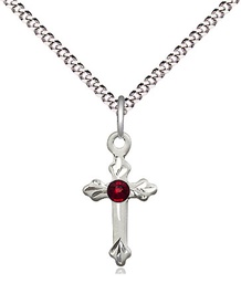 [2531SS-STN1/18S] Sterling Silver Cross Pendant with a 3mm Garnet Swarovski stone on a 18 inch Light Rhodium Light Curb chain