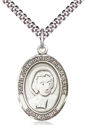 [7262SS/24S] Sterling Silver Saint John Baptist de la Salle Pendant on a 24 inch Light Rhodium Heavy Curb chain