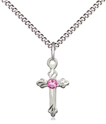 [2531SS-STN10/18S] Sterling Silver Cross Pendant with a 3mm Rose Swarovski stone on a 18 inch Light Rhodium Light Curb chain