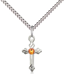 [2531SS-STN11/18S] Sterling Silver Cross Pendant with a 3mm Topaz Swarovski stone on a 18 inch Light Rhodium Light Curb chain