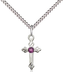 [2531SS-STN2/18S] Sterling Silver Cross Pendant with a 3mm Amethyst Swarovski stone on a 18 inch Light Rhodium Light Curb chain