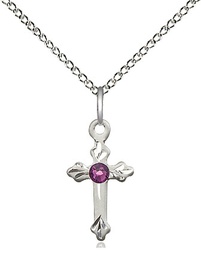 [2531SS-STN2/18SS] Sterling Silver Cross Pendant with a 3mm Amethyst Swarovski stone on a 18 inch Sterling Silver Light Curb chain