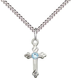 [2531SS-STN3/18S] Sterling Silver Cross Pendant with a 3mm Aqua Swarovski stone on a 18 inch Light Rhodium Light Curb chain