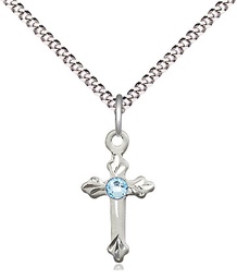 [2531SS-STN3/18S] Sterling Silver Cross Pendant with a 3mm Aqua Swarovski stone on a 18 inch Light Rhodium Light Curb chain