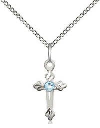 [2531SS-STN3/18SS] Sterling Silver Cross Pendant with a 3mm Aqua Swarovski stone on a 18 inch Sterling Silver Light Curb chain