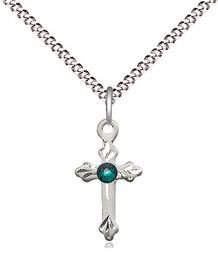 [2531SS-STN5/18S] Sterling Silver Cross Pendant with a 3mm Emerald Swarovski stone on a 18 inch Light Rhodium Light Curb chain