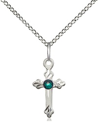 [2531SS-STN5/18SS] Sterling Silver Cross Pendant with a 3mm Emerald Swarovski stone on a 18 inch Sterling Silver Light Curb chain