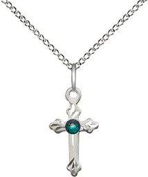 [2531SS-STN5/18SS] Sterling Silver Cross Pendant with a 3mm Emerald Swarovski stone on a 18 inch Sterling Silver Light Curb chain