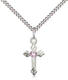 [2531SS-STN6/18S] Sterling Silver Cross Pendant with a 3mm Light Amethyst Swarovski stone on a 18 inch Light Rhodium Light Curb chain