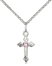 [2531SS-STN6/18SS] Sterling Silver Cross Pendant with a 3mm Light Amethyst Swarovski stone on a 18 inch Sterling Silver Light Curb chain