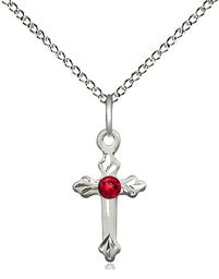 [2531SS-STN7/18SS] Sterling Silver Cross Pendant with a 3mm Ruby Swarovski stone on a 18 inch Sterling Silver Light Curb chain