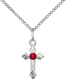 [2531SS-STN7/18SS] Sterling Silver Cross Pendant with a 3mm Ruby Swarovski stone on a 18 inch Sterling Silver Light Curb chain