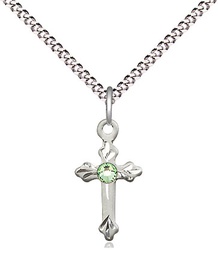 [2531SS-STN8/18S] Sterling Silver Cross Pendant with a 3mm Peridot Swarovski stone on a 18 inch Light Rhodium Light Curb chain