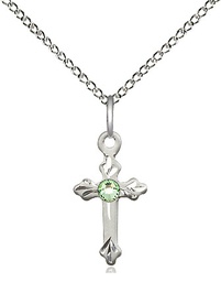 [2531SS-STN8/18SS] Sterling Silver Cross Pendant with a 3mm Peridot Swarovski stone on a 18 inch Sterling Silver Light Curb chain