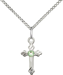 [2531SS-STN8/18SS] Sterling Silver Cross Pendant with a 3mm Peridot Swarovski stone on a 18 inch Sterling Silver Light Curb chain