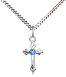 [2531SS-STN9/18S] Sterling Silver Cross Pendant with a 3mm Sapphire Swarovski stone on a 18 inch Light Rhodium Light Curb chain