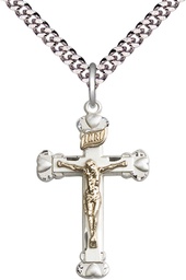 [2620GF/SS/24S] Two-Tone GF/SS Crucifix Pendant on a 24 inch Light Rhodium Heavy Curb chain