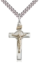 [2625GF/SS/24S] Two-Tone GF/SS Saint Benedict Crucifix Pendant on a 24 inch Light Rhodium Heavy Curb chain