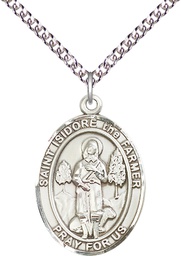 [7276SS/24SS] Sterling Silver Saint Isidore the Farmer Pendant on a 24 inch Sterling Silver Heavy Curb chain