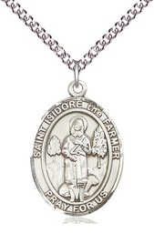 [7276SS/24SS] Sterling Silver Saint Isidore the Farmer Pendant on a 24 inch Sterling Silver Heavy Curb chain