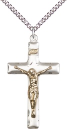 [2644GF/SS/24SS] Two-Tone GF/SS Crucifix Pendant on a 24 inch Sterling Silver Heavy Curb chain
