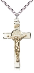 [2645GF/SS/24SS] Two-Tone GF/SS Saint Benedict Crucifix Pendant on a 24 inch Sterling Silver Heavy Curb chain