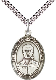 [7278SS/24S] Sterling Silver Blessed Pier Giorgio Frassati Pendant on a 24 inch Light Rhodium Heavy Curb chain