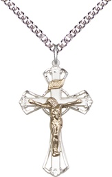 [2659GF/SS/24SS] Two-Tone GF/SS Crucifix Pendant on a 24 inch Sterling Silver Heavy Curb chain