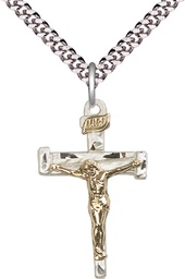 [2673GF/SS/24S] Two-Tone GF/SS Nail Crucifix Pendant on a 24 inch Light Rhodium Heavy Curb chain