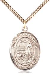 [7288SPGF/24GF] 14kt Gold Filled Virgen de Lourdes Pendant on a 24 inch Gold Filled Heavy Curb chain