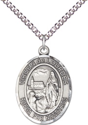 [7288SPSS/24SS] Sterling Silver Virgen de Lourdes Pendant on a 24 inch Sterling Silver Heavy Curb chain