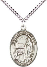[7288SS/24SS] Sterling Silver Our Lady of Lourdes Pendant on a 24 inch Sterling Silver Heavy Curb chain