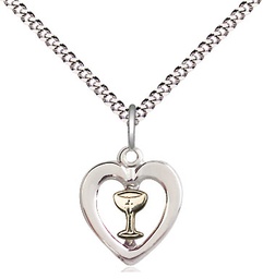 [3148GF/SS/18S] Two-Tone GF/SS Heart / Chalice Pendant on a 18 inch Light Rhodium Light Curb chain