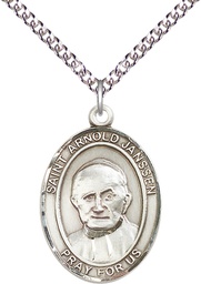 [7328SS/24SS] Sterling Silver Saint Arnold Janssen Pendant on a 24 inch Sterling Silver Heavy Curb chain