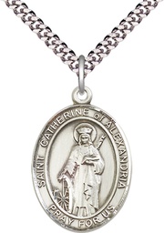 [7343SS/24S] Sterling Silver Saint Catherine of Alexandria Pendant on a 24 inch Light Rhodium Heavy Curb chain