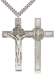 [5738SS/24S] Sterling Silver Saint Benedict Crucifix Pendant on a 24 inch Light Rhodium Heavy Curb chain