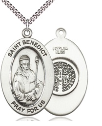 [11008SS/24S] Sterling Silver Saint Benedict Pendant on a 24 inch Light Rhodium Heavy Curb chain