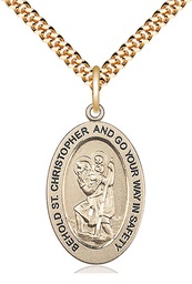 [11022GF/24G] 14kt Gold Filled Saint Christopher Pendant on a 24 inch Gold Plate Heavy Curb chain