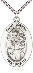 [11058SS/24S] Sterling Silver Saint Joseph Pendant on a 24 inch Light Rhodium Heavy Curb chain