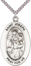 [11058SS/24S] Sterling Silver Saint Joseph Pendant on a 24 inch Light Rhodium Heavy Curb chain