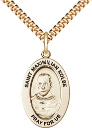 [11073GF/24G] 14kt Gold Filled Saint Maximilian Kolbe Pendant on a 24 inch Gold Plate Heavy Curb chain