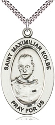 [11073SS/24S] Sterling Silver Saint Maximilian Kolbe Pendant on a 24 inch Light Rhodium Heavy Curb chain