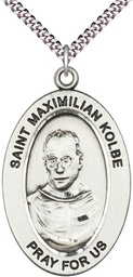 [11073SS/24S] Sterling Silver Saint Maximilian Kolbe Pendant on a 24 inch Light Rhodium Heavy Curb chain