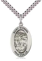 [11076SS/24S] Sterling Silver Saint Michael the Archangel Pendant on a 24 inch Light Rhodium Heavy Curb chain